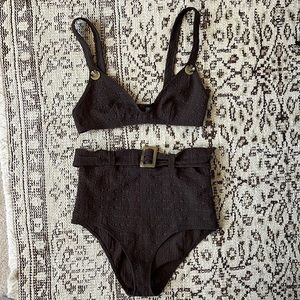 LISA MARIE FERNANDEZ Belted seersucker high-rise bikini briefs and matching top
